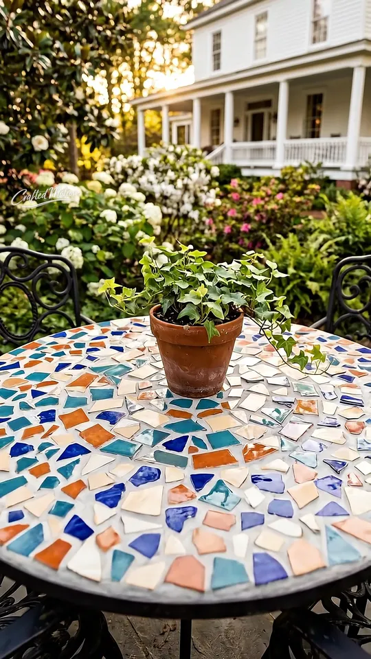 Finished Broken Plate Mosaic Patio Table